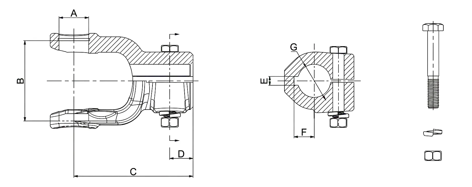 Plain Bore Yoke D-Keyway Clamp Bolt Technical Drawing Dimensions