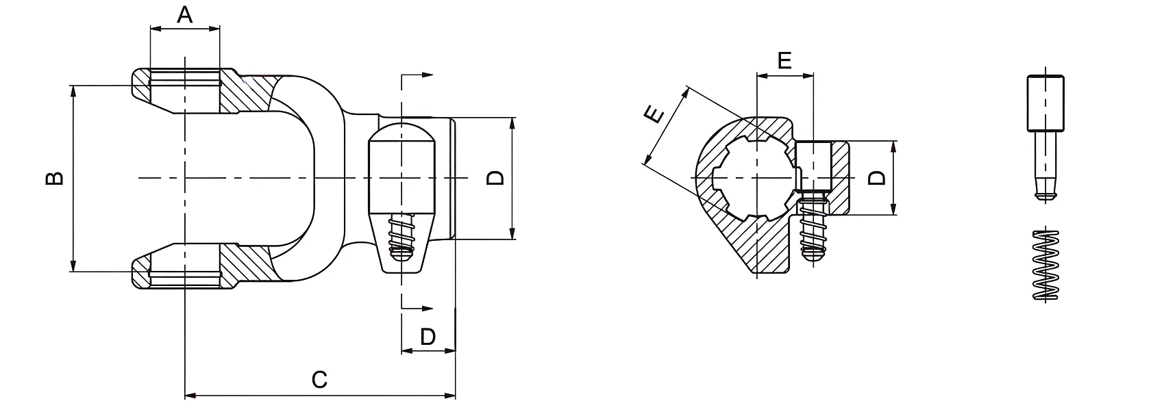 Splined Yoke 01-Push Pin Technical Drawing Dimensions