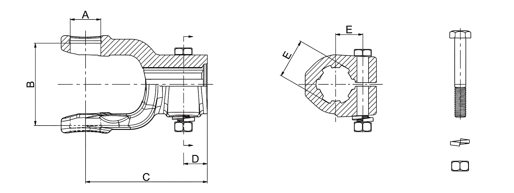 Splined Yoke 03 Non-Interfering Bolt Technical Drawing Dimensions