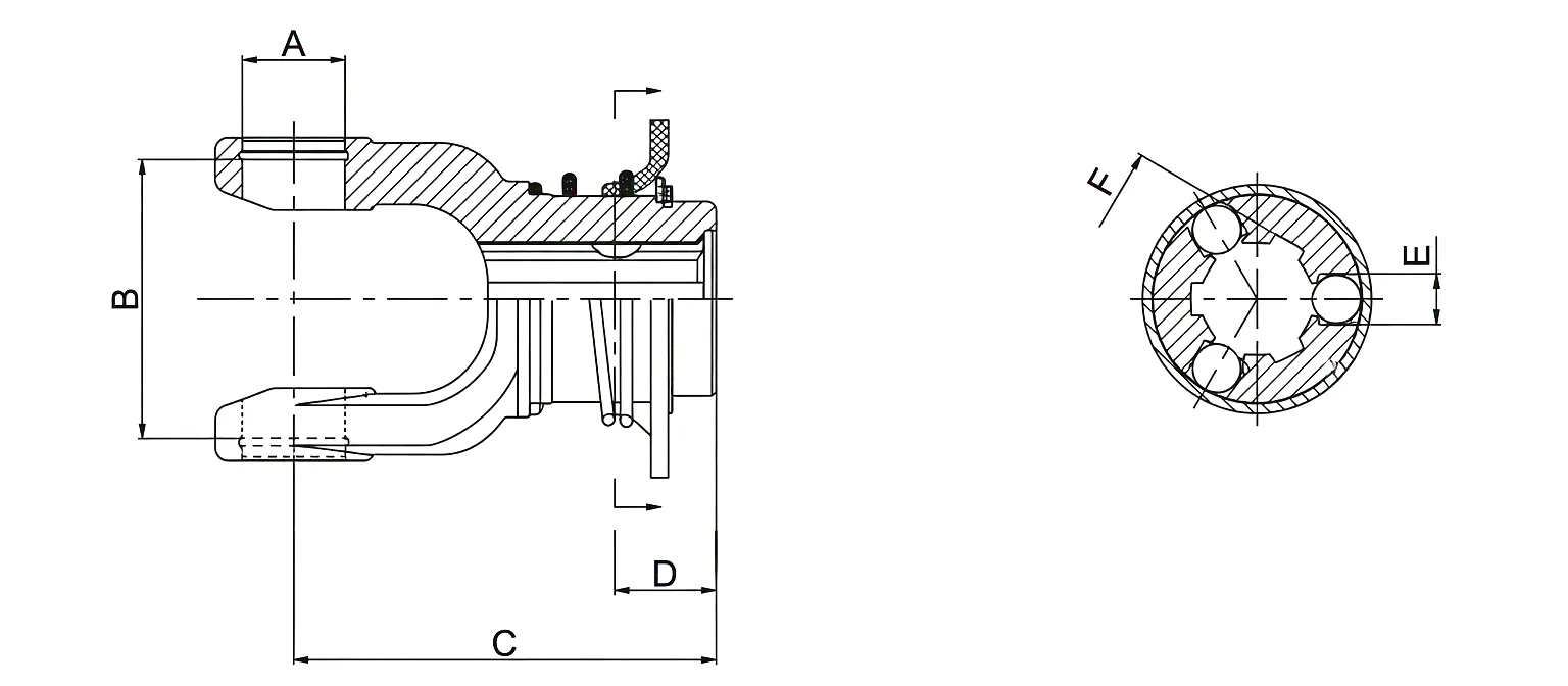 Splined Yoke 04 Ball Attachment Technical Drawing Dimensions