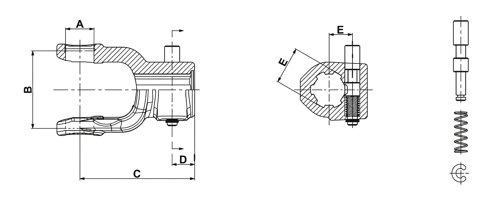 Splined Yoke 07 Push Pin Technical Drawing – Dimensional Diagram