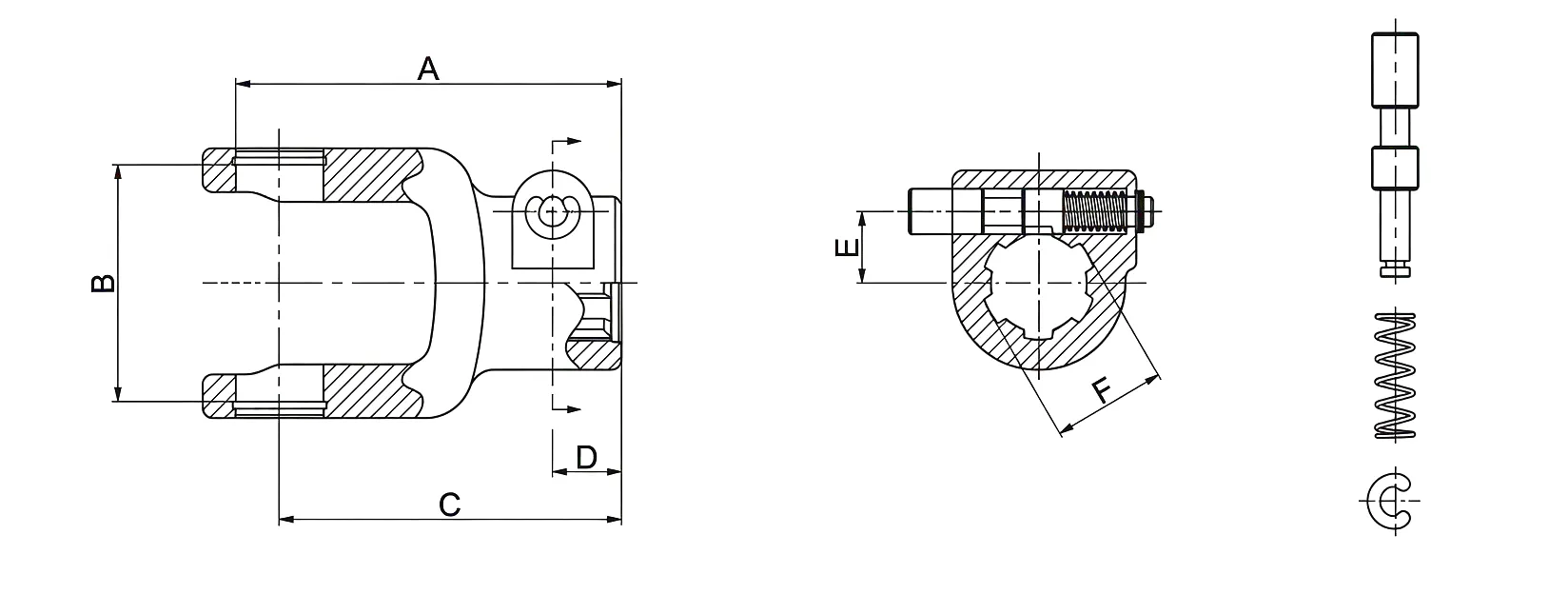 Splined Yoke 08 Push Pin Technical Drawing