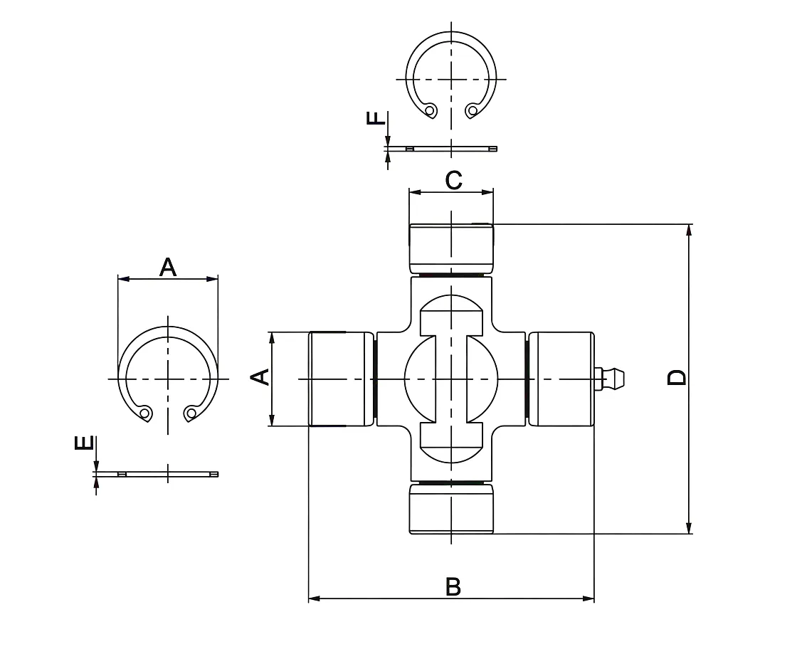 WA Series Wide-Angle Universal Joint Cross Kit — engineering drawing and dimensional reference